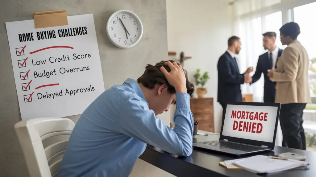 A realistic scene depicting the challenges of the home buying process. A stressed homebuyer sits at a desk, looking at a laptop screen displaying 'Mortgage Denied' while holding their head in frustration. Nearby, a checklist titled 'Home Buying Challenges' lists issues like 'Low Credit Score,' 'Budget Overruns,' and 'Delayed Approvals,' with some tasks marked incomplete. A clock on the wall emphasizes time pressure. In the background, a real estate agent and a seller appear to be in a discussion, indicating negotiation struggles. The overall mood reflects the difficulties buyers face while navigating the home buying timeline.