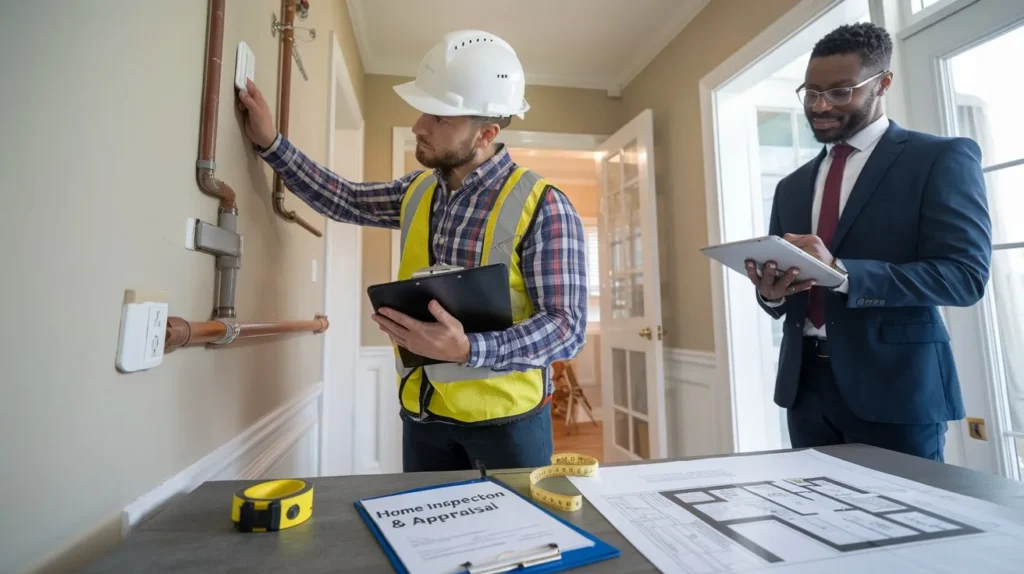 A realistic scene of a home inspection and appraisal in progress. A professional home inspector wearing a hard hat and holding a clipboard examines a house’s interior, checking walls, plumbing, and electrical outlets. A real estate appraiser stands nearby with a tablet, taking notes and reviewing property value details. A checklist titled 'Home Inspection & Appraisal' is visible on a table, along with a measuring tape and house blueprint. The atmosphere is professional, with bright natural lighting emphasizing the home's features