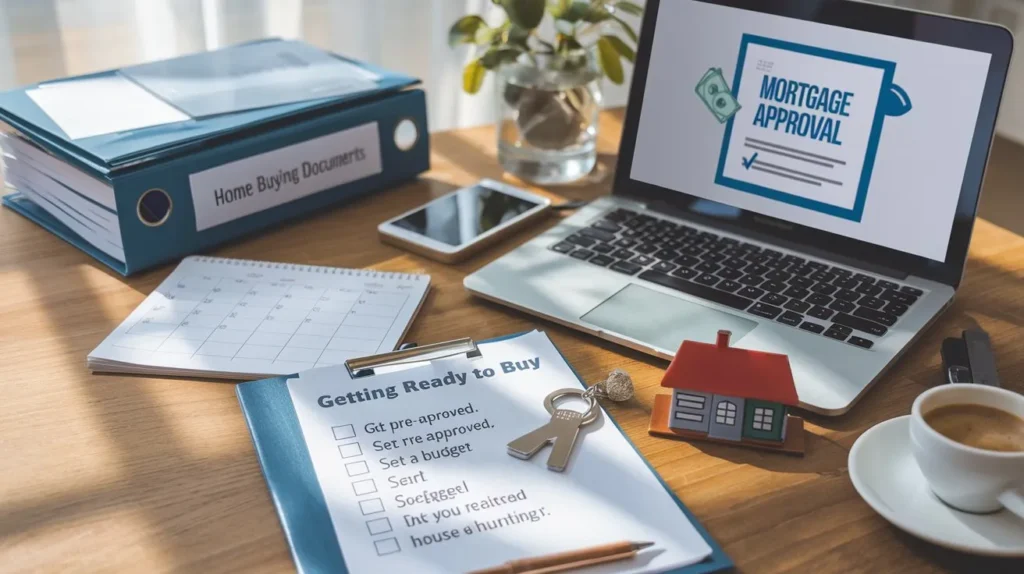 Home buying preparation setup with a checklist, mortgage approval documents, budget planning, and a house key symbolizing readiness to buy a home