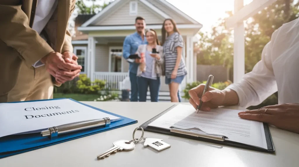 Homebuyer signing closing documents with a real estate agent, receiving house keys, and celebrating their new home.