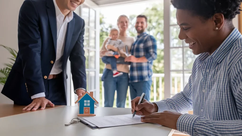 Homebuyer signing closing documents with a real estate agent, receiving house keys, and celebrating their new home